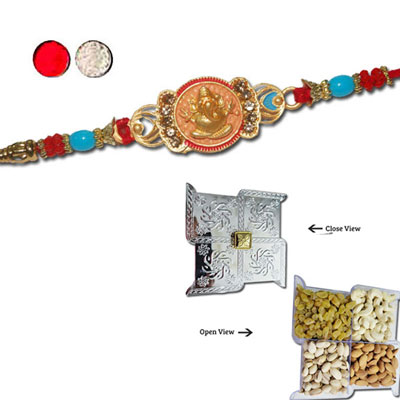 "Rakhi - FR- 8400 A (Single Rakhi) , Swastik Dry Fruit Box - Code DFB7000 - Click here to View more details about this Product